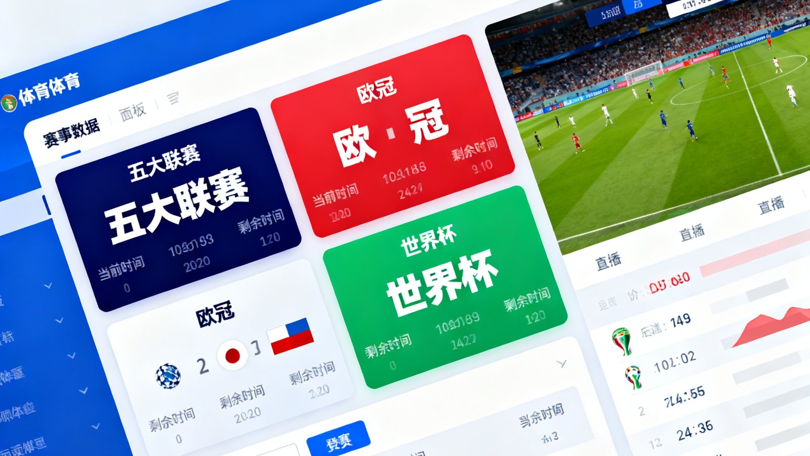 体球网实时比分界面展示，包含五大联赛、欧冠、世界杯等赛事数据面板与比分直播画面